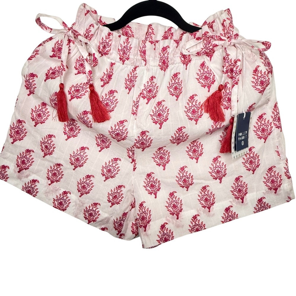 Roller Rabbit White Pajama Shorts with Pink Red Floral Print and Red Tassels